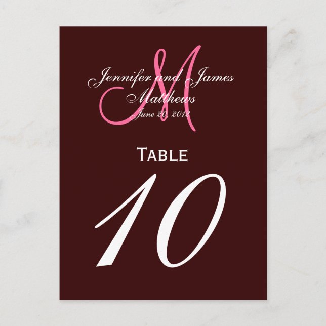 Brown Pink Monogram Wedding Table Number Cards (Front)