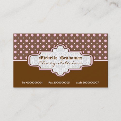 Brown pink polka dot interiors business cards