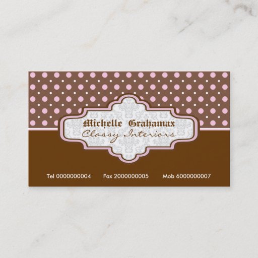 Customizable Brown pink polka dot interiors business cards