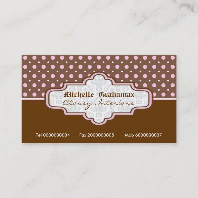 Brown pink polka dot interiors business cards (Front)