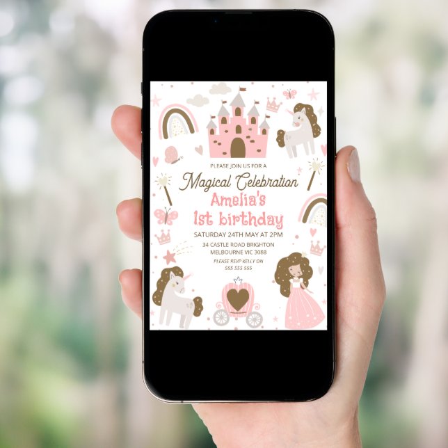 Brown Pink Princess Unicorn 1st Birthday Invitation (Front Digital)