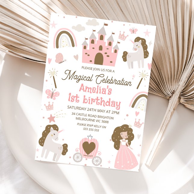 Brown Pink Princess Unicorn 1st Birthday Invitation (A magical celebration 1st birthday invitation for baby girl with princess, unicorn and castle.)