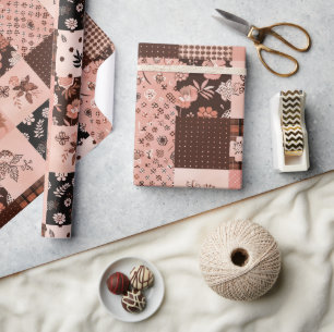 Brown Pink Quilt Gingham Cottagecore Floral Wrapping Paper