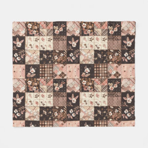 Brown Pink Quilt Patchwork Gingham Cottagecore Fleece Blanket