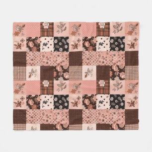 Brown Pink Quilt Patchwork Gingham Cottagecore Fleece Blanket
