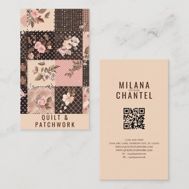 Brown Pink Quilt Patchwork Handmade Clothing  Business Card (Front/Back)