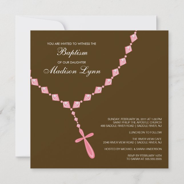Brown & Pink Rosary Baby Girl Baptism Inviation Invitation (Front)