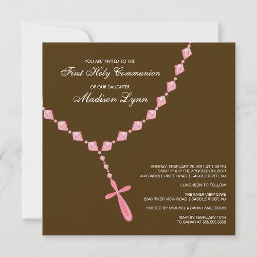 Brown Pink Rosary First Holy Communion Invitation