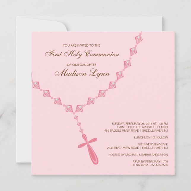 Brown Pink Rosary First Holy Communion Invitation (Front)