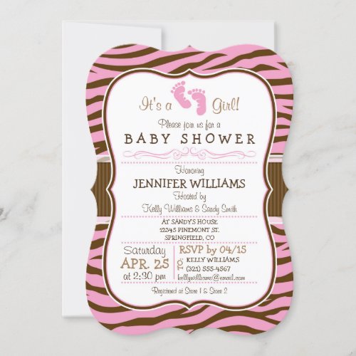 Brown Pink Zebra Stripes Animal Print Baby Shower Invitation