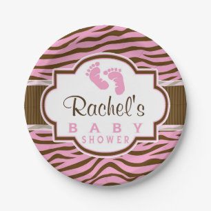 Brown, Pink Zebra Stripes Animal Print Baby Shower Paper Plates