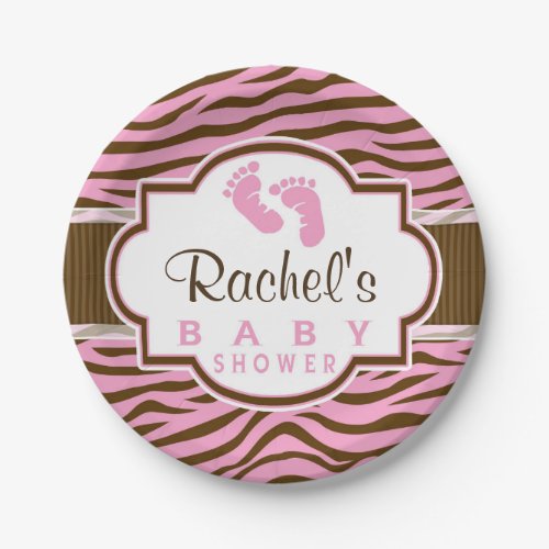 Brown Pink Zebra Stripes Animal Print Baby Shower Paper Plates