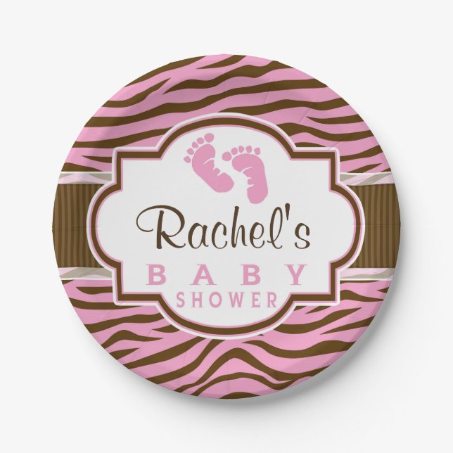 Brown, Pink Zebra Stripes Animal Print Baby Shower Paper Plates (Front)