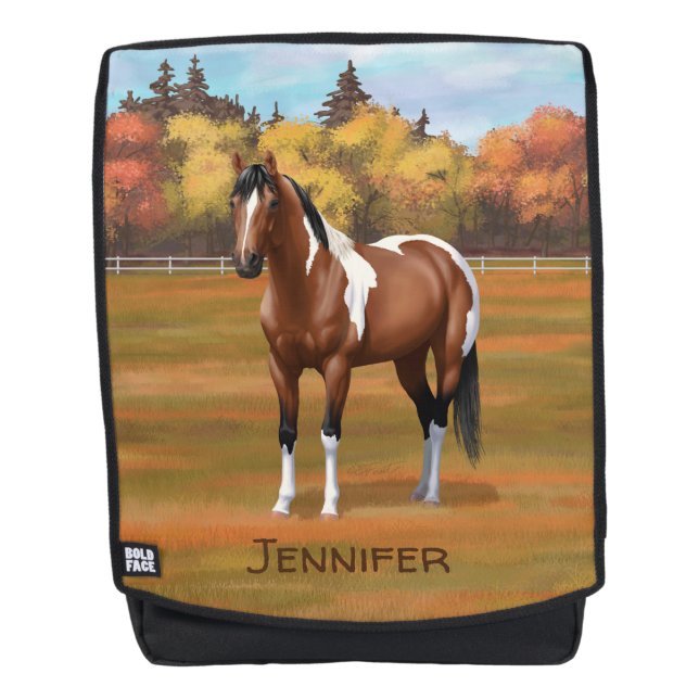 Brown Pinto Bay Paint Horse in Autumn Pasture Backpack (Front)