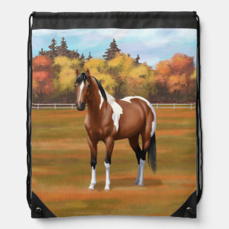 Brown Pinto Bay Paint Horse in Autumn Pasture Drawstring Bag