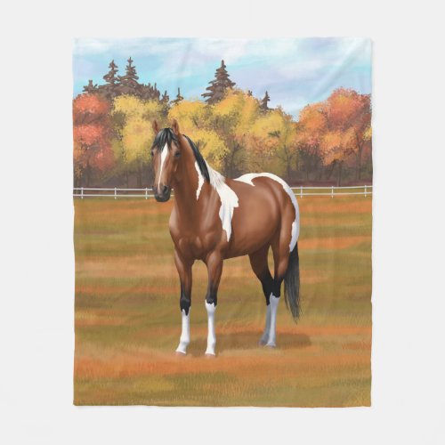 Brown Pinto Bay Paint Horse in Autumn Pasture Fleece Blanket