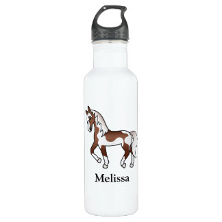 Brown Pinto Cartoon Trotting Horse &amp; Custom Name Stainless Steel Water Bottle