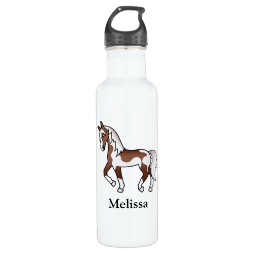Brown Pinto Cartoon Trotting Horse  Custom Name Stainless Steel Water Bottle