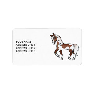 Brown Pinto Cartoon Trotting Horse & Custom Text Label