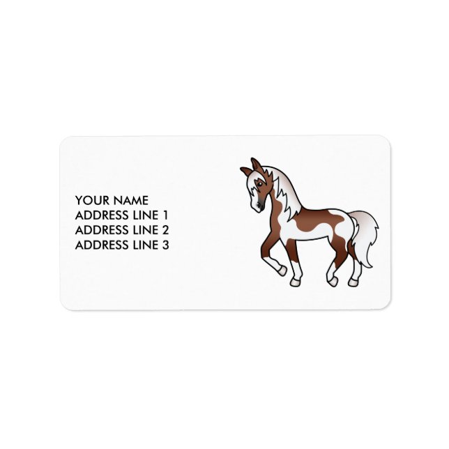 Brown Pinto Cartoon Trotting Horse & Custom Text Label (Front)