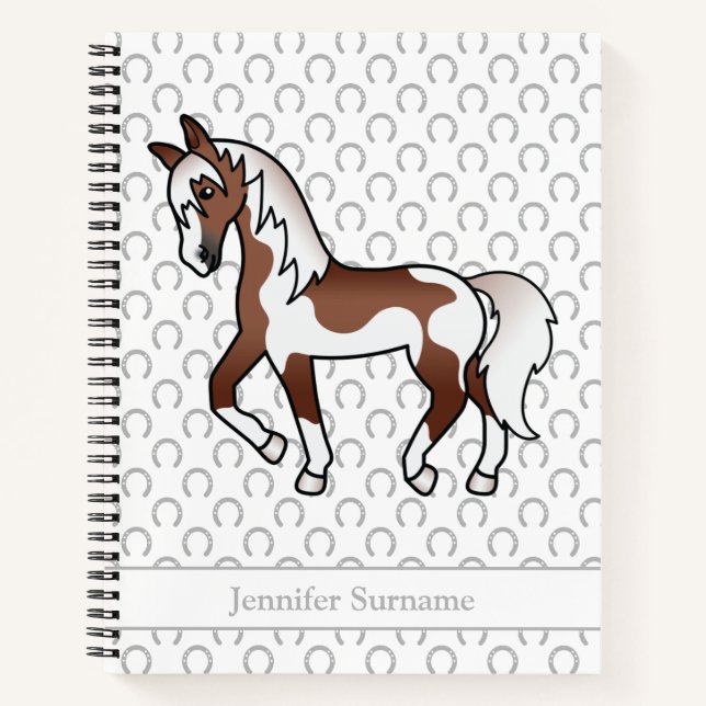 Brown Pinto Cartoon Trotting Horse & Custom Text Notebook (Front)