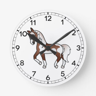 Brown Pinto Cartoon Trotting Horse Illustration Round Clock