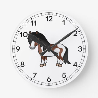 Brown Pinto Shetland Pony Cartoon Illustration Round Clock