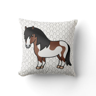Brown Pinto Shetland Pony Cartoon Illustration Throw Pillow