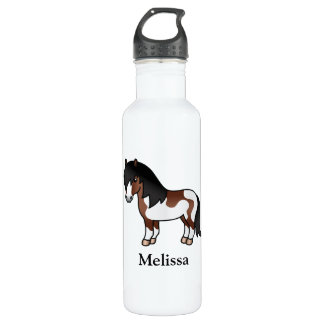 Brown Pinto Shetland Pony Cartoon Pony &amp; Name Stainless Steel Water Bottle