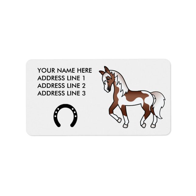 Brown Pinto Trotting Cartoon Horse Label (Front)