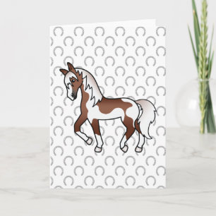 Brown Pinto Trotting Horse Cartoon Illustration Card