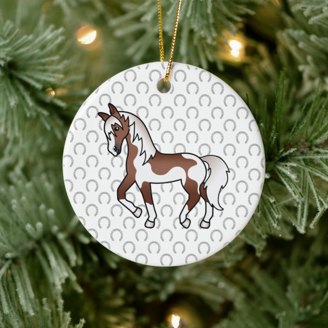 Brown Pinto Trotting Horse Cartoon Illustration Ceramic Ornament (Tree)