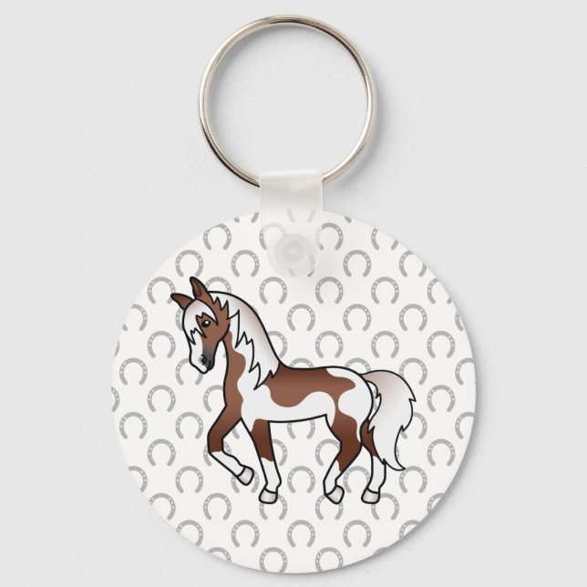 Brown Pinto Trotting Horse Cartoon Illustration Keychain (Front)