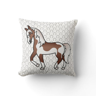 Brown Pinto Trotting Horse Cartoon Illustration Throw Pillow