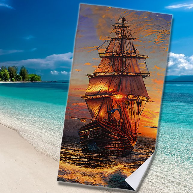 Brown Pirate Sailing Ship Blue Orange Sky Beach Towel (Creator Uploaded)