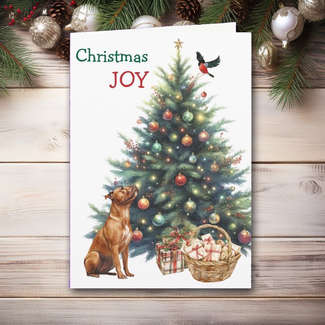 Brown Pit Bull, Bullfinch and Holiday Tree Card (Creator Uploaded)