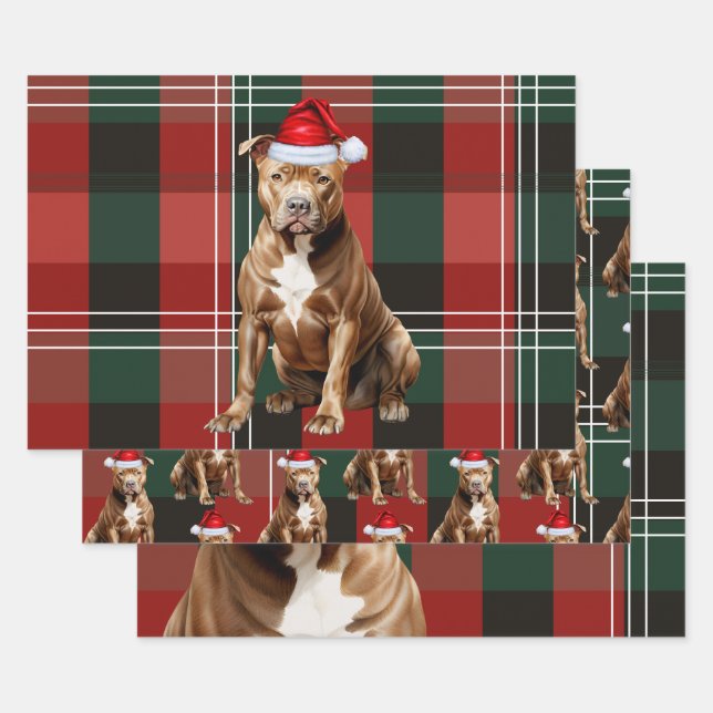 Brown Pit Bull Christmas Dog Red Green Plaid Wrapping Paper Sheets (Set)