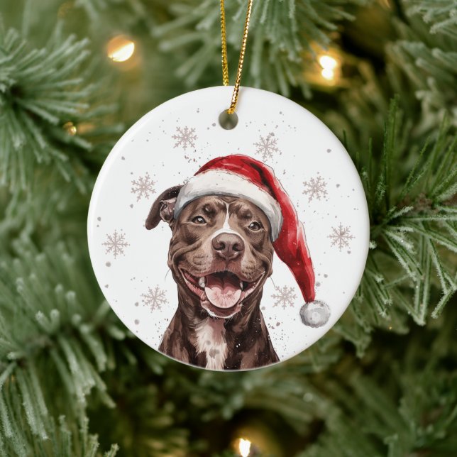 Brown Pitbull Dog Christmas Personalized Ceramic Ornament (Tree)