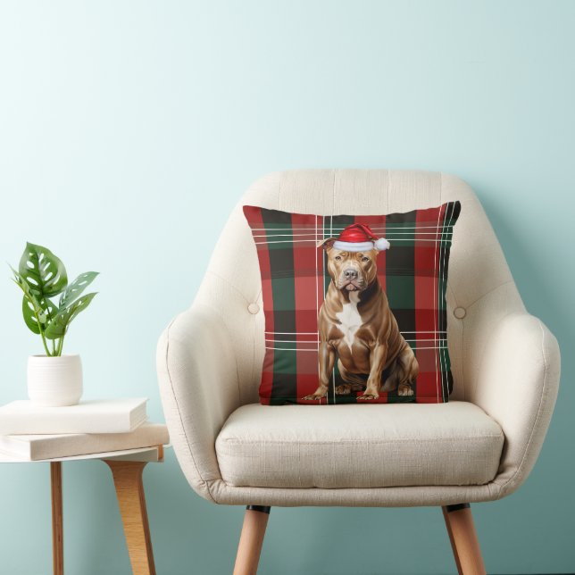 Brown Pitbull Dog Red Plaid Christmas Holiday Throw Pillow (Chair)