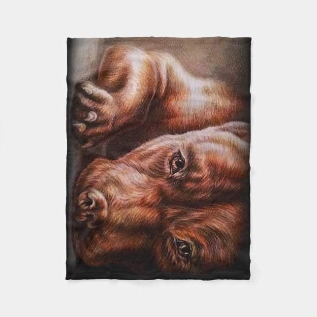Brown pitbull face drawing of pet portrait dog fleece blanket (Front)
