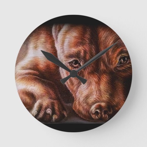 Brown pitbull face drawing of pet portrait dog round clock