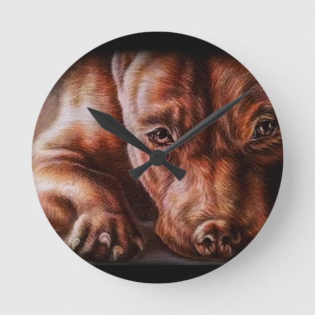 Brown pitbull face drawing of pet portrait dog round clock (Front)
