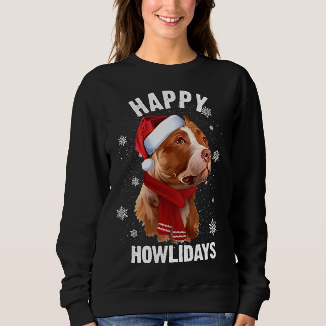 Brown Pitbull Looking Up Dog Christmas Santa Hat Sweatshirt (Front)