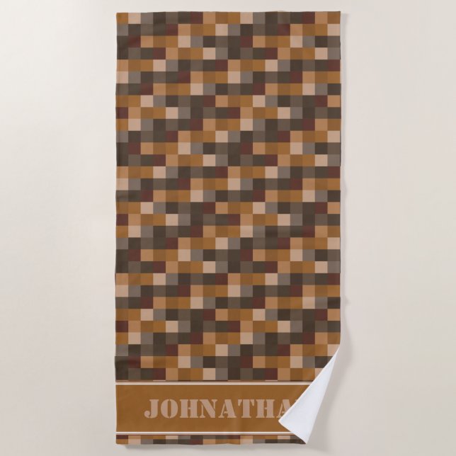Brown Pixelated Pattern Gamer | Personalized Beach Towel (Front)