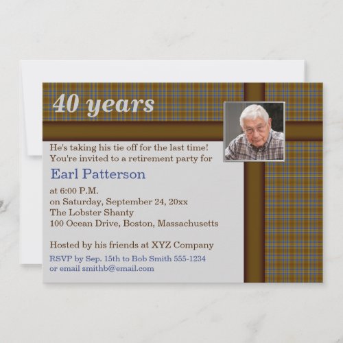 Brown Plaid Blue and Silver Retirement Invitation