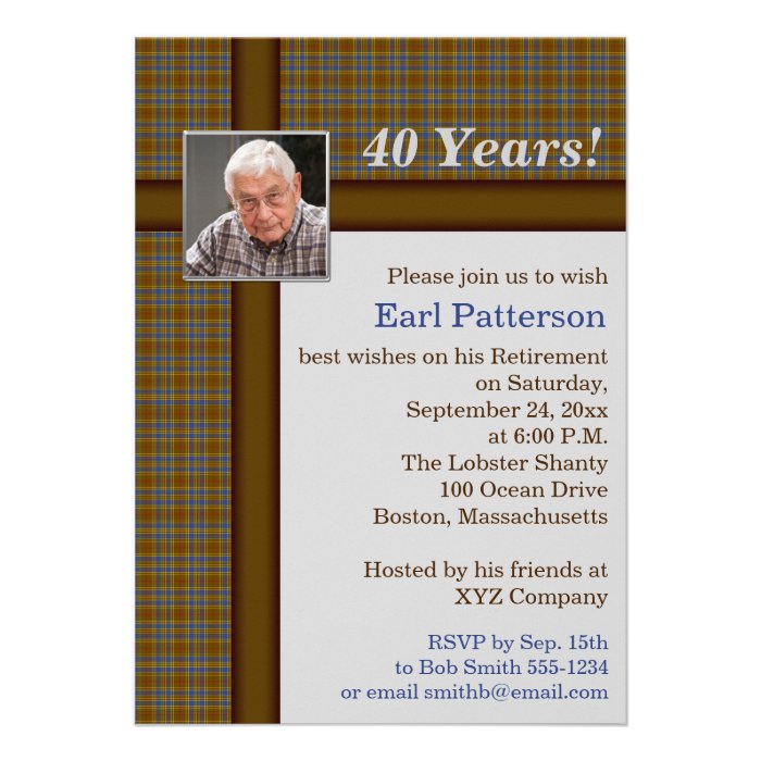 Brown Plaid, Blue and Silver Retirement Invitation