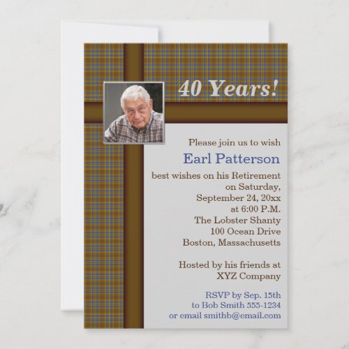 Brown Plaid Blue and Silver Retirement Invitation