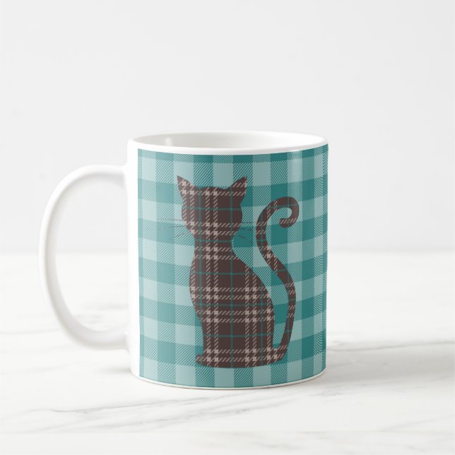 Brown Plaid Cat on Green Gingham  Coffee Mug (Left)