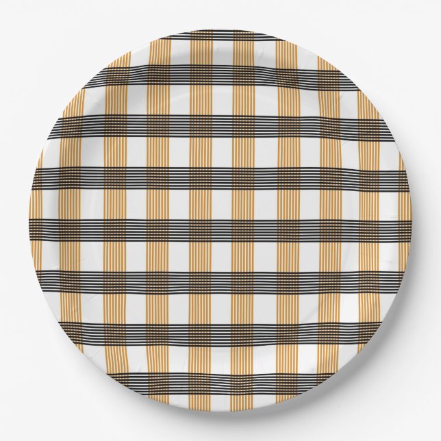 Brown Plaid Check Pattern Paper Plates (Front)