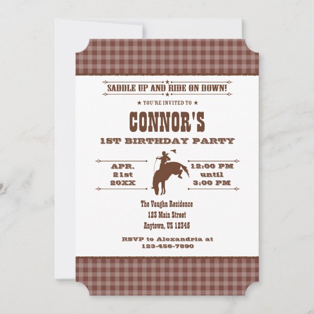 Brown Plaid Cowboy Rodeo Birthday Invitation (Front)